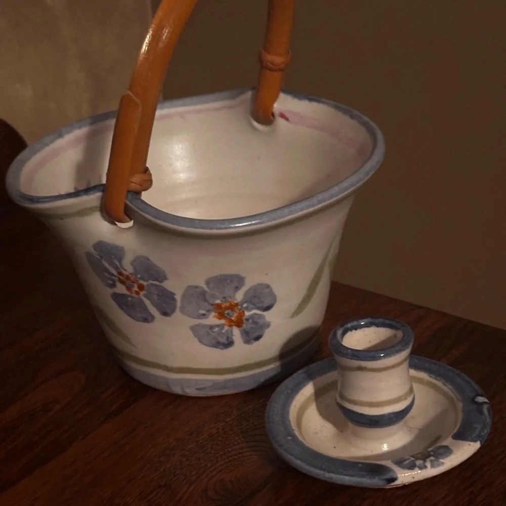 Handcrafted ceramic rustic farmhouse pottery basket and candlestick room accents